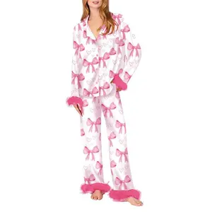 Mommy and Me Matching Satin Pajamas Set Bow Print Feather Trim Long Sleeve Shirt Tops and Pants Set Valentine's Day Family Sleepwear