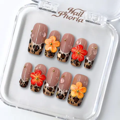 NailPhoria SUNSET SAFARI - Handmade Press-On Nails | Reusable, Salon-Quality, Long-Lasting, Glossy Design