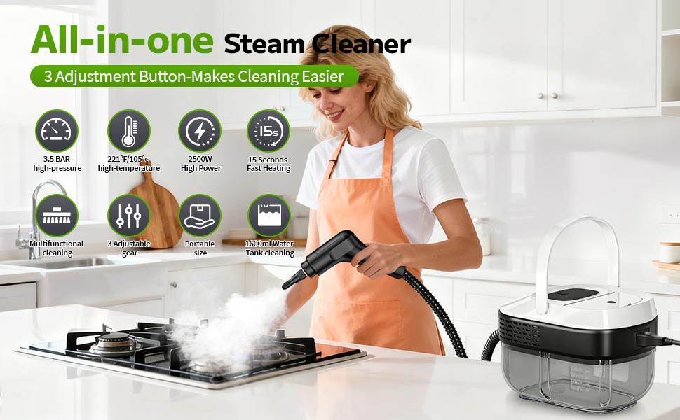 2500W Multi Surface Handheld Steam Cleaner, 15s Heat-Up, 54oz Tank, 3-Level Steam Settings, 15 Accessories, Multi Surface Steam