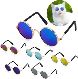 4Pcs Cat and Dog Sunglasses, Funny Pet Eyewear, Classic Retro Round Metal Glasses for Small Dogs and Cats, Pomeranian Sunglasses, Cosplay Party Costume Photo Props, Mixed Reflective and Black Colors