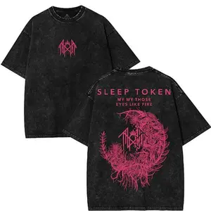 Unisex Vintage Washed Black Sleep Token Custom Graphic T-Shirt - Menswear Round Neck Short-Sleeve Retro Distressed Oversized Metalcore Gothic Streetwear Casual Top for Daily Outdoor Wear