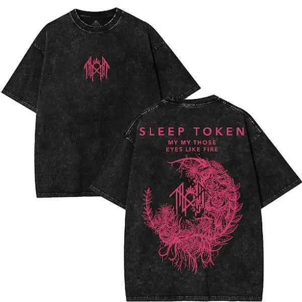 Men's Vintage Washed Black Sleep Token Custom Graphic T-Shirt - Unisex Round Neck Short-Sleeve Distressed Oversized Metalcore Gothic Streetwear Casual Top for Daily Outdoor Wear, Men's Graphic T Shirts, Short Sleeve Tshirt
