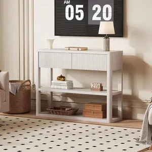Fluted Entryway Table with 2 Drawers, Console Table with 3-Tier Storage Shelves, Modern Sofa Table Behind the Couch for Living Room Entrance Hallway Foyer 34.6" White Grey