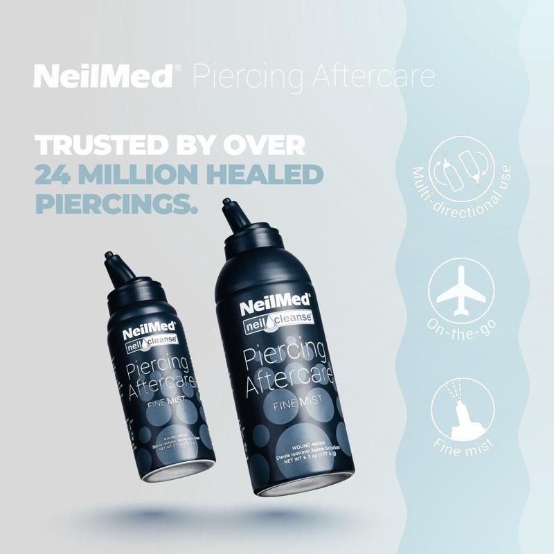 NeilMed Piercing Spray -Duo Travel Bundle Two 75mL Fine Mist Cans- Sterile Saline Solution for Safe Natural Healing of Irritated Piercings No Irritation No Stinging Healthcare Therapeutic Healthy
