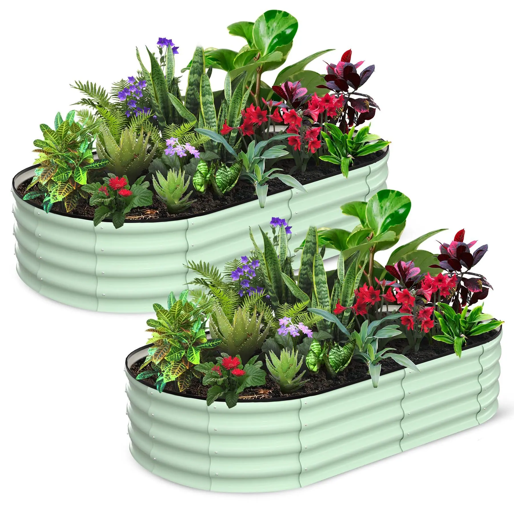 Gaomon 2-Piece Galvanized Steel Oval Raised Garden Beds (6x3x1 ft, 4.5x2x1 ft) - Corrosion-Resistant Double-Layer Green Metal Units, Tool-Free Assembly, Open-Bottom Elevated Planting Boxes, Outdoor Planters for Gardening