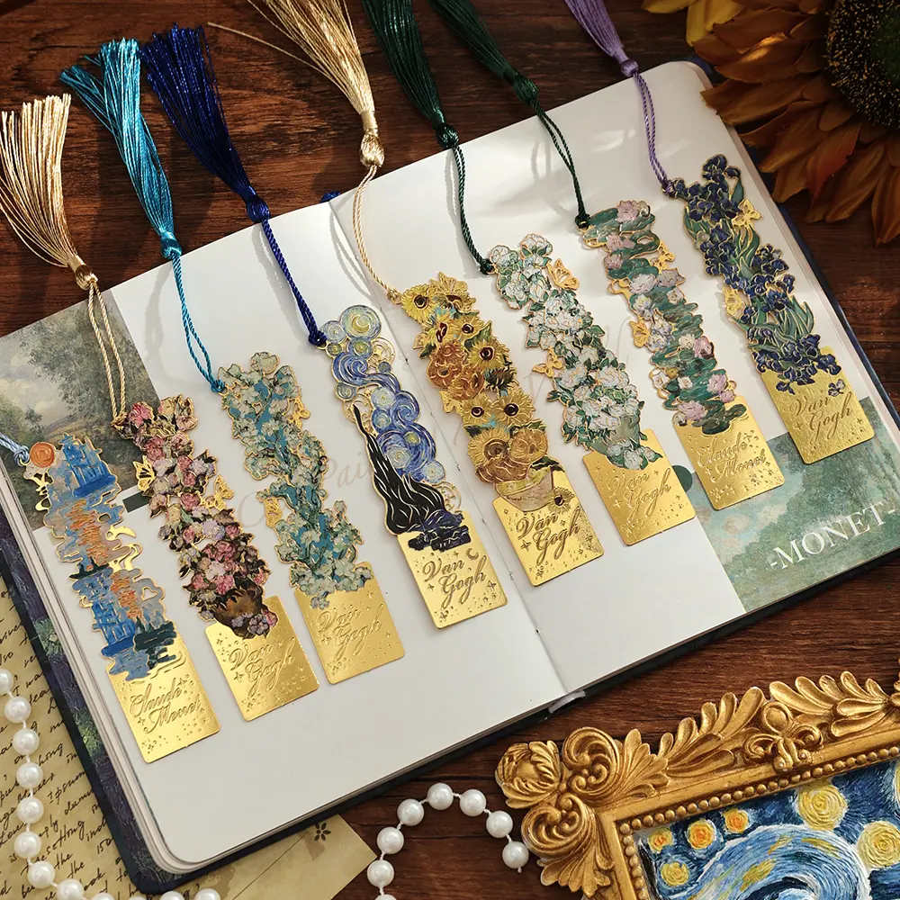 8-Pack Classic Gold Metal Tassel Bookmarks - High-Detail Artistic Collectibles with Van Gogh & Monet Famous Oil Paintings, Office Stationery Set, Tassel Decor for Book Lovers, Birthday Present (8 Pcs), Love