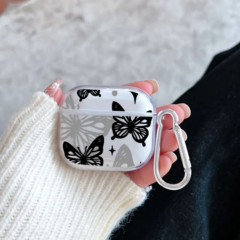 Fashion Black Butterfly Pattern TPU Soft Protective Case for Apple AirPods 4/3/2/1/Pro/Pro2 Transparent Earphone Cover with Keychain Attachment