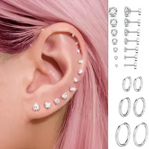Stainless Steel Cubic Zirconia Earrings , Multi-Size Stud and Surgical Hoop Set, Hypoallergenic Piercing Jewelry, Suitable for Helix and Lobe Piercings