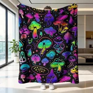 Neon Mushroom Flannel Printed Blanket, Soft Warm Vintage Style, Home Decor Multi-Purpose Throw, Wrinkle Resistant Easy Clean