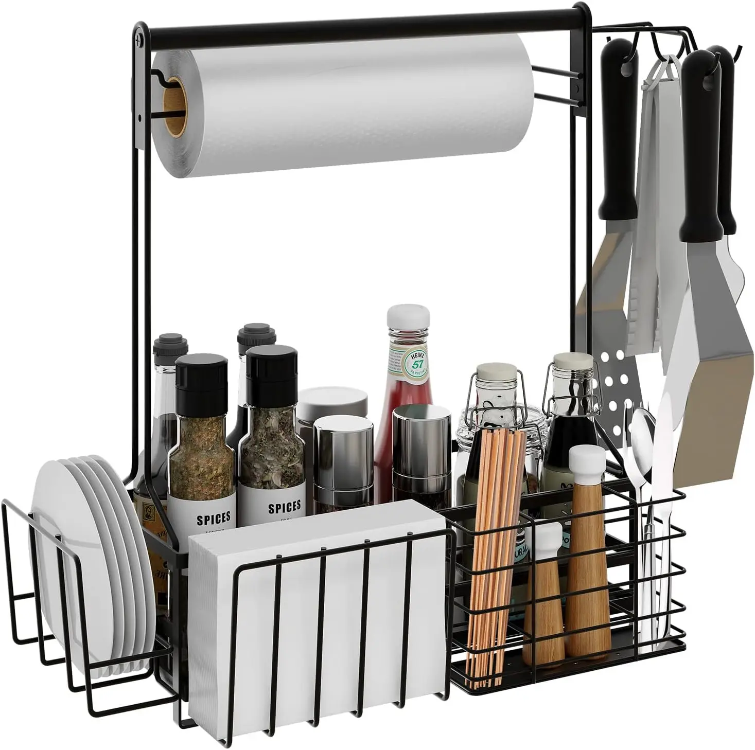 BBQ Caddy,Grill Caddy for Outdoor Grilling with Paper Towel Holder | Outdoor Grilling Accessory, Portable Barbecue Organizer Perfect for Camper & Tailgate, Practical Barbecue Gift for Men