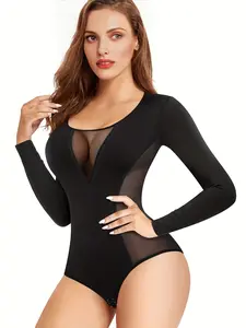 Women's Soft Elastic Mesh Shapewear Bodysuit, Sexy V Neck Long Sleeve Thong Bodycon Dress, Slimming Underwear for Women