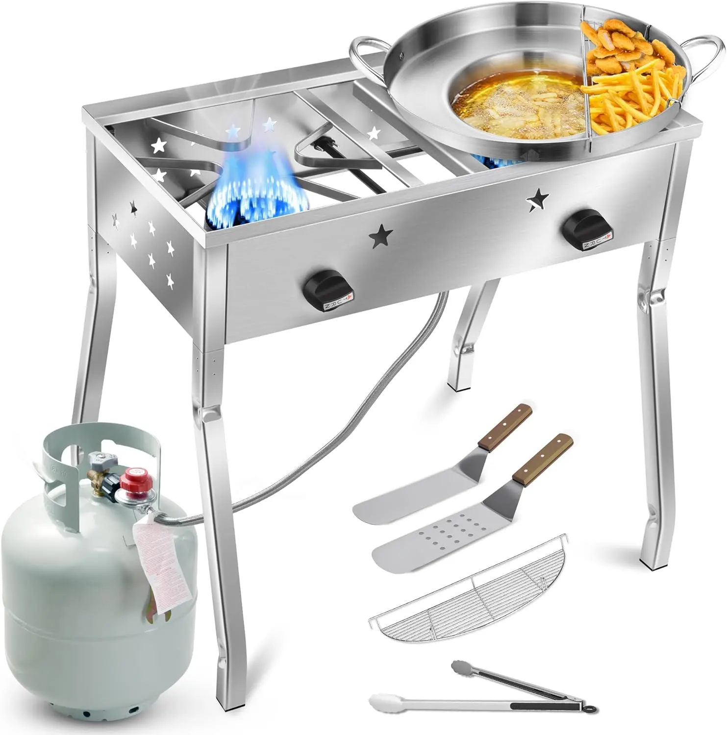 ARC Comal Taco Maker Set With Double Burner Propane Stove, 150,000 BTU Outdoor Cooking Combo,Heavy Duty Stainless Steel Discada, Comal Cazo Fryer for Tacos, Tortillas, Camping, Gatherings