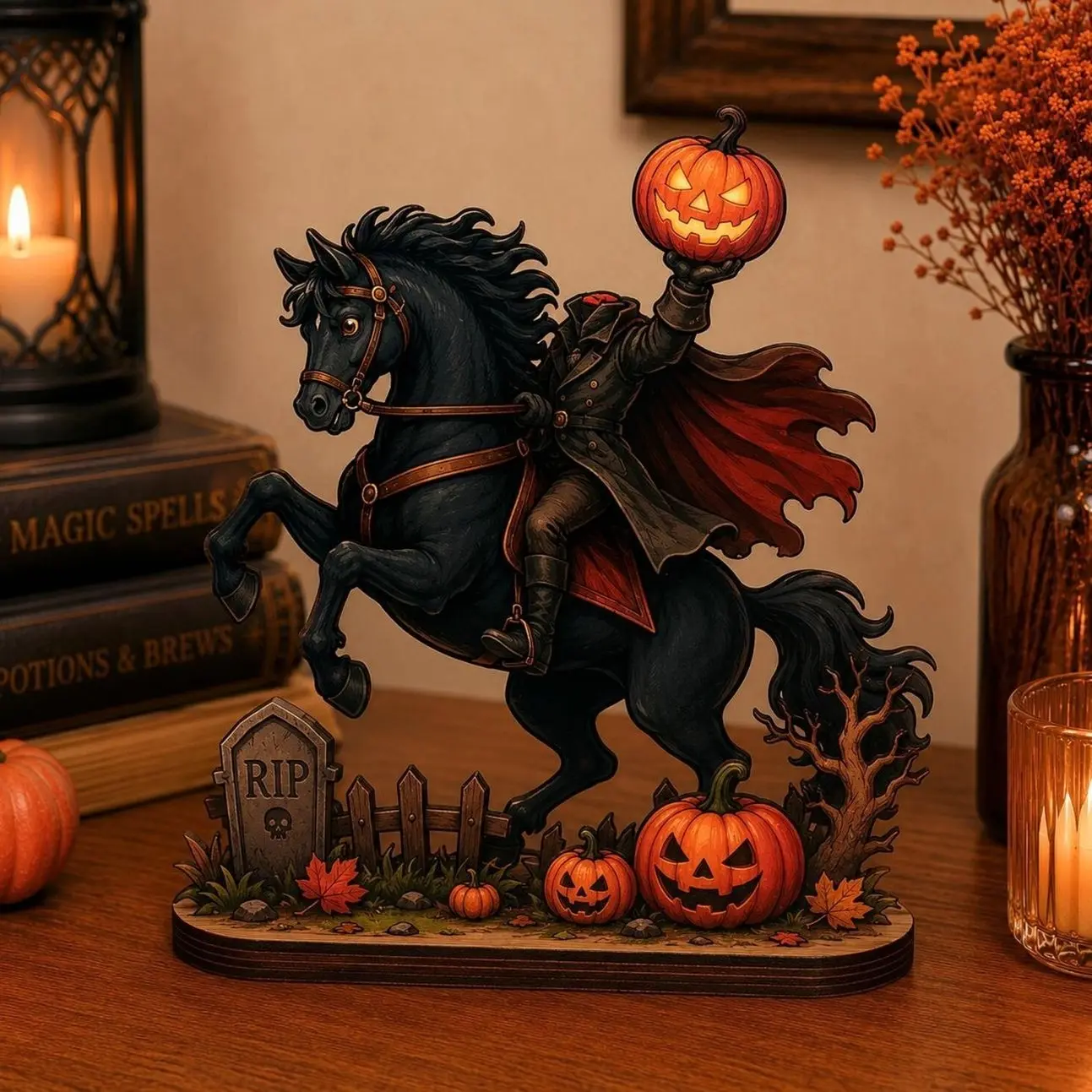 Headless Horseman Wooden Stand Decor, Halloween Rider Display, Haunted Horse Shelf Ornament, Gothic Table Accent, Fall Home Decoration