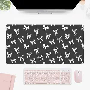 White Bow Desk Mat, Black Gaming Keyboard Mouse Pad, Large Cute Kawaii Women Office Desk Cover Mat Protector 24"x14"