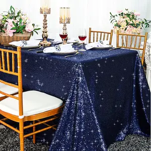 90"x156" Seamless Rectangular Sequin Taffeta Tablecloth - Navy Blue (1pc)