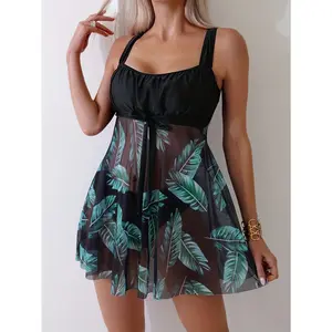 The New Ms. Tankini Beachwear Two-piece Black Mesh Group Of Leaves Printed Trunks Soaking Hot Springs Swimsuit