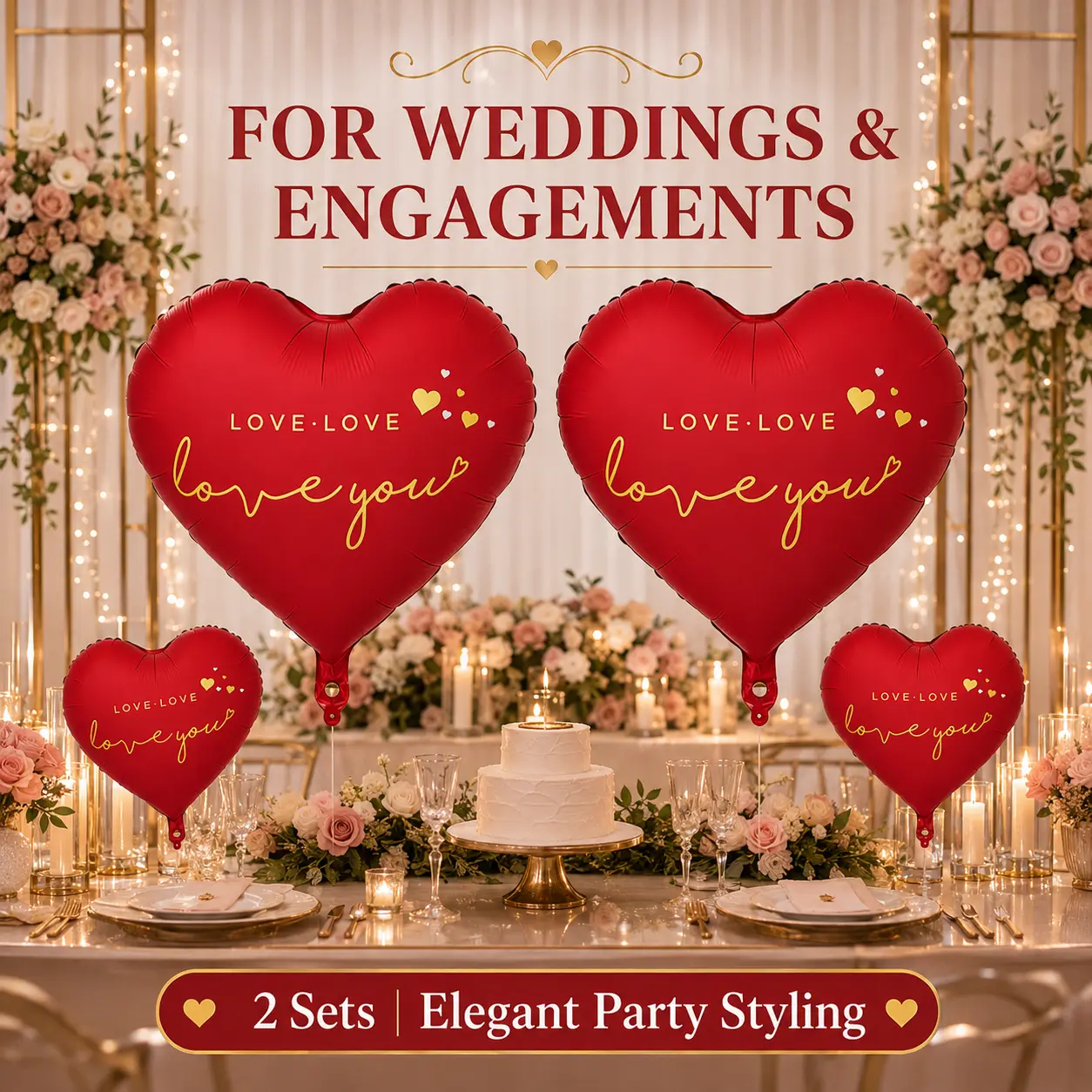 “Love You” aluminum foil heart balloons multi-piece set, suitable for party backdrop wall decoration; includes a large 63-inch red heart balloon and a smaller 18-inch red heart balloon; ideal for wedding, engagement, and anniversary decorations.