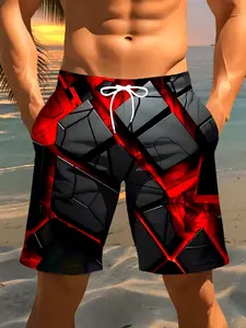 Men's 3D Print Casual Slim Fit Summer Vacation Beach Pants, Adjustable Drawstring Waist, Suitable for Beach and Summer Outings, Swimwear Shorts