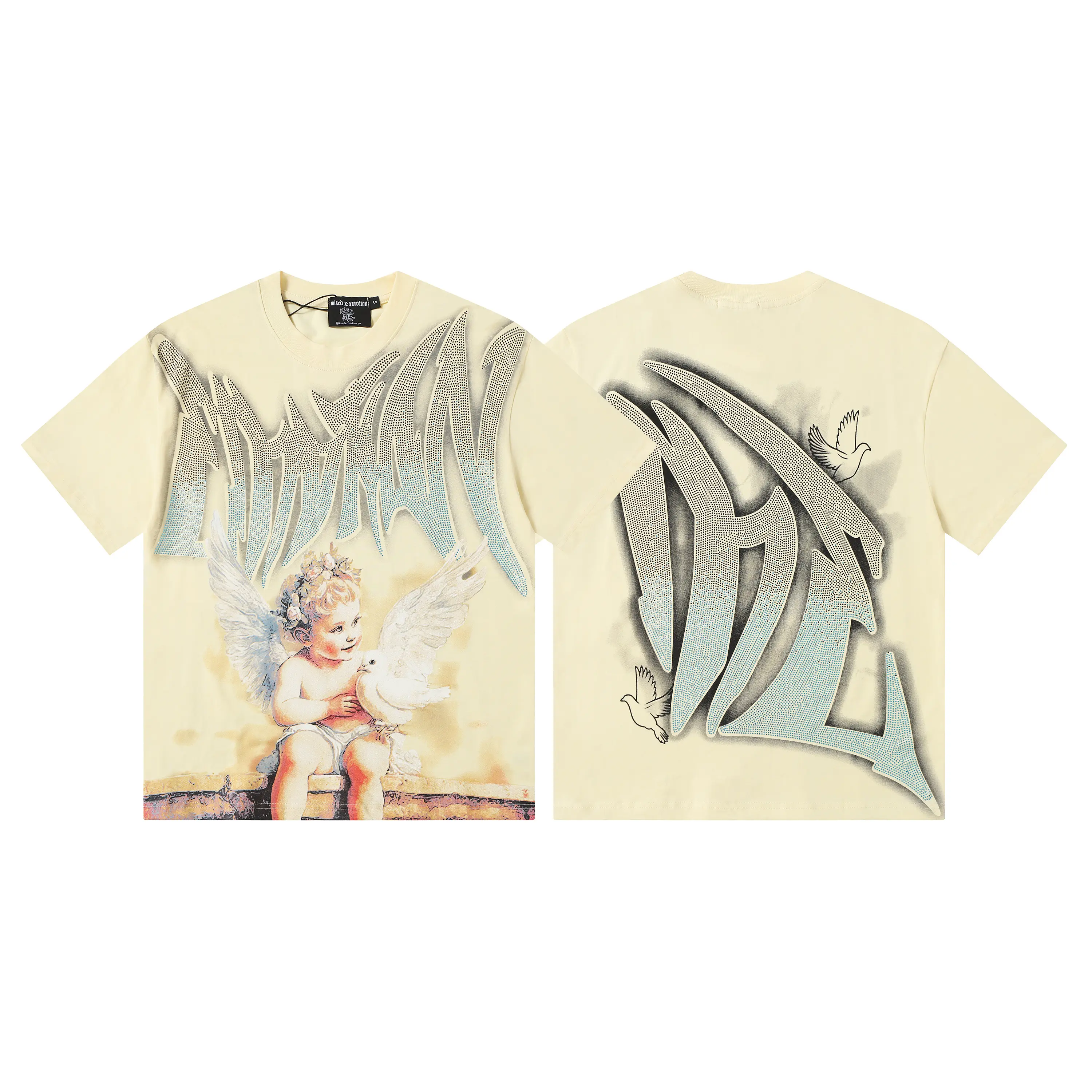 MIXED EMOTION 100% Cotton Certified Rhinestone Dove Angel Graphic Tee Heavyweight Cream Standard Fit T-Shirt