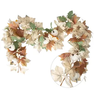 2 PCS Fall Maple Leaves Garland 68.9inch/175cm Maples White Pumpkin Berry Garland Hanging Fall Vines Autumn Harvest Thanksgiving Party Decorations for Mantle Window Table Front Door Thanksgiving Home Decor