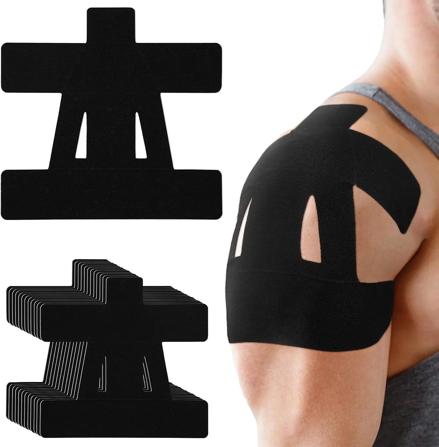 （Workout Essentials）12 Count Kinesiology Tape for Shoulder Pain Relief Pre Cut Sports Waterproof Breathable Enhance Elastic Kinesiology Athletic Tape for Shoulder Support and Muscle Sports (Black)