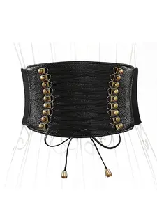 Black Corset Waist Belt for Women Tied Waspie Belt Lace-up Cinch Belt Elastic Wide Belt for Christmas Party