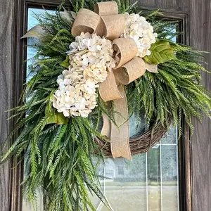 Rustic Bohemian Wreath (double-Sided Door Hanging) with Linen Bow & Greenery, Natural Farmhouse Style, Holiday Decorations