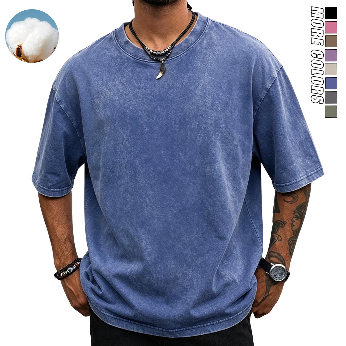 Men’s 4-piece pure cotton crew neck vintage washed T-shirt set — soft, loose T-shirts suitable for casual everyday wear; classic crew neck design.