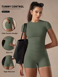 Olive High-End Detail Two-Piece Set, Slim Fit Short Sleeve & High Waist Shorts, Side Hidden Pocket, Breathable Stretch Fabric, Womenswear