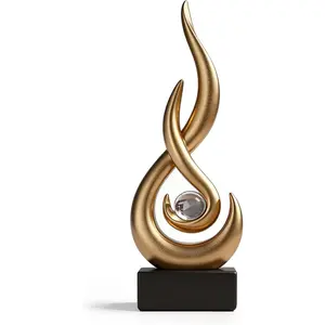 Abstract Golden Flame Art Deco Sculpture - Luxury Living Room Decor with Crystal Ball, Modern Resin Ornament for Home Office