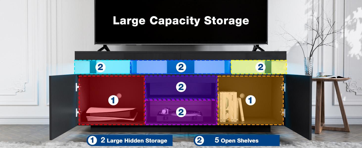 HOMMPA 75 Inch LED TV Stand, Modern Tall Entertainment Center with Power Outlets for Living Room, Bedroom, High Gloss Black TV Console with Storage, Gaming Media Cabinet for 75/70/65/55 Inch TVs