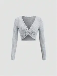 Women's knot detail fashion design wrap fitted long sleeves top, versatile and elegant essential for autumn Womenswear