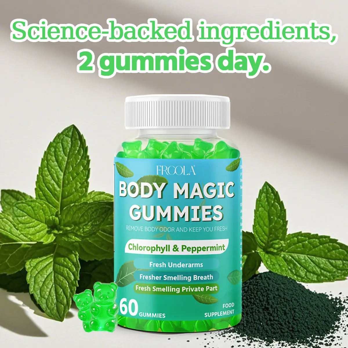 Frcola Body Magic Natural Chlorophyll Gummies - 60 Count Daily Dietary Supplement, Chewable Orchard Fruit Flavored, Supports Skin Care, Body Detox, Odor Control