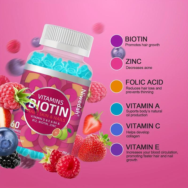 Niwedah Optimum Biotin 3,000mcg Gummies - 60 Count Dietary Supplement for Hair Skin and Nails, Healthcare Vitamin for Strength & Growth, Fitness Wellness Support, Edible Berry Chews for Men & Women