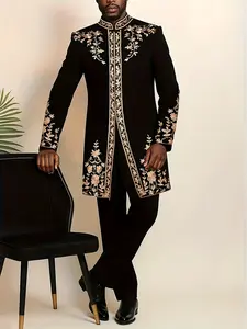 Traditional African Style Men's Embroidered Casual Set, Two-Piece Wedding Suit, Middle Eastern Style Travel, Spring & Fall