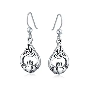 Friendship BFF Heart Celtic Claddagh Dangle Earrings in Oxidized Sterling Silver