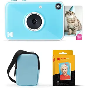 KODAK Printomatic+ Instant Print Digital Camera Starter Bundle + Carrying Case (Blue) + Zink 20pk Sticky-Back Photo Paper - 10MP, Full-Color Photos, RGB LED Status Indicator