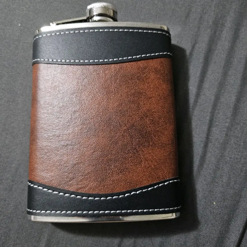 2 Tone Leather Flask - 8 Ounce Black & Brown Leather with Funnel for Easy Filling Custom Engraving Option