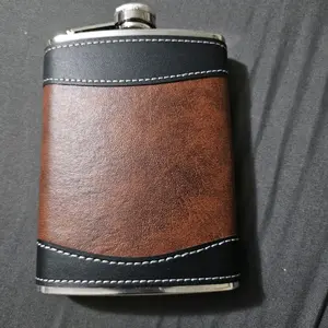 2 Tone Leather Flask - 8 Ounce Black & Brown Leather with Funnel for Easy Filling Custom Engraving Option