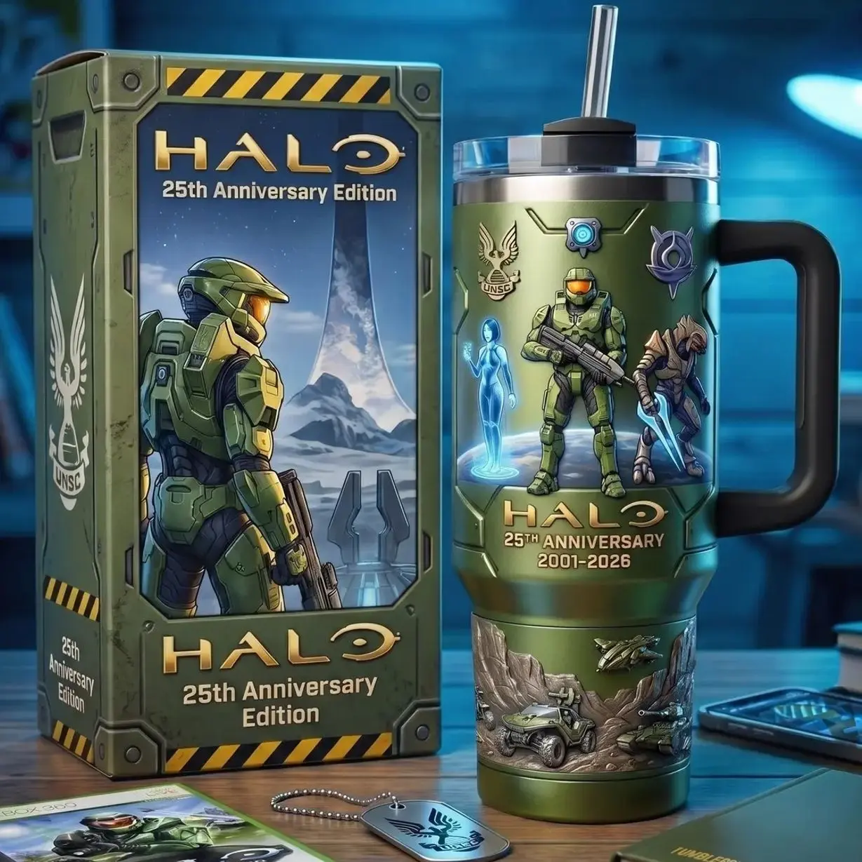 Halo 25th Anniversary Tumbler with Handle, Master Chief 40oz Insulated Travel Mug, UNSC Cortana Arbiter Game Timeline Design, Sci-Fi Gaming Merchandise, Stainless Steel Coffee Cup, Retro Video Game Collectible Birthday Gift for Men Gamers