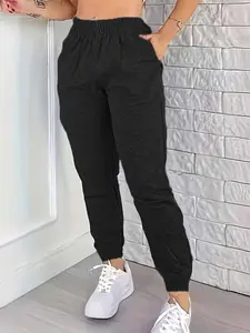 Women's Solid High Waist Pocket Jogger Pants, Tapered Sweatpants, Casual Elastic Waist Trousers for Fall & Winter, Women's Bottoms for Daily Wear, Casual Sports Trousers