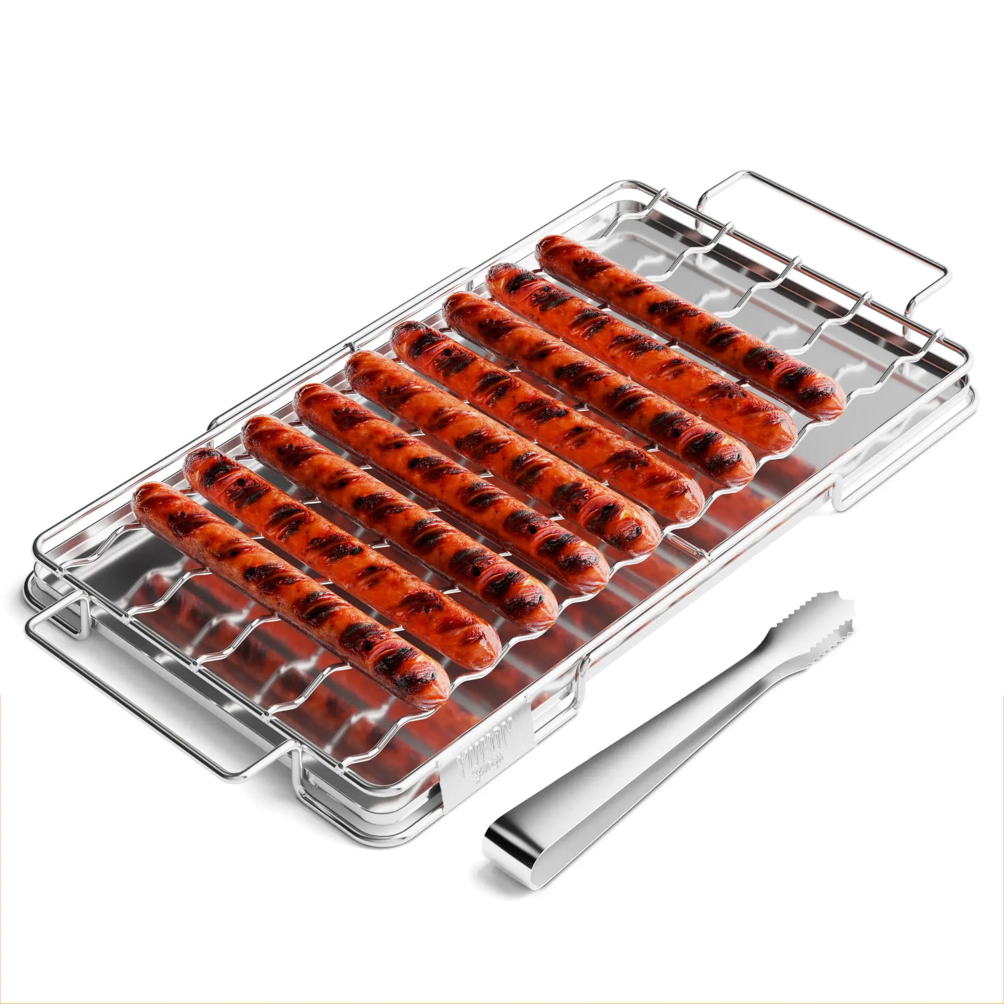 Yukon Glory Stainless Steel Hot Dog Tray BBQ Serving Tray with Tongs Heavy Duty Hotdog Holder for Sausages Dishwasher Safe Grill for Outdoor Cooking
