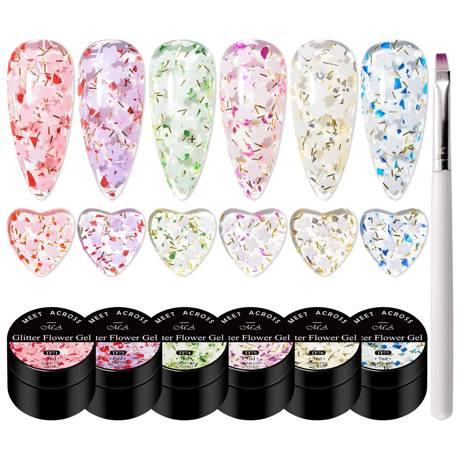 Glitter Dried Flower Gel Nail Polish Set, Colorful Floral Gel Soak Off UV Nail Gel with Brush, DIY Painting Floral Nail Art Varnishes for Manicure, Diy Nail Kit, Nail Polish Gifts, Nail Art Products