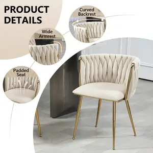 Modern Velvet Dining Chairs Set Of 2 Hand Weaving Accent Chairs Living Room Chairs Upholstered Side Chair With Golden Metal Legs For Dining Room Kitchen Vanity Living Room