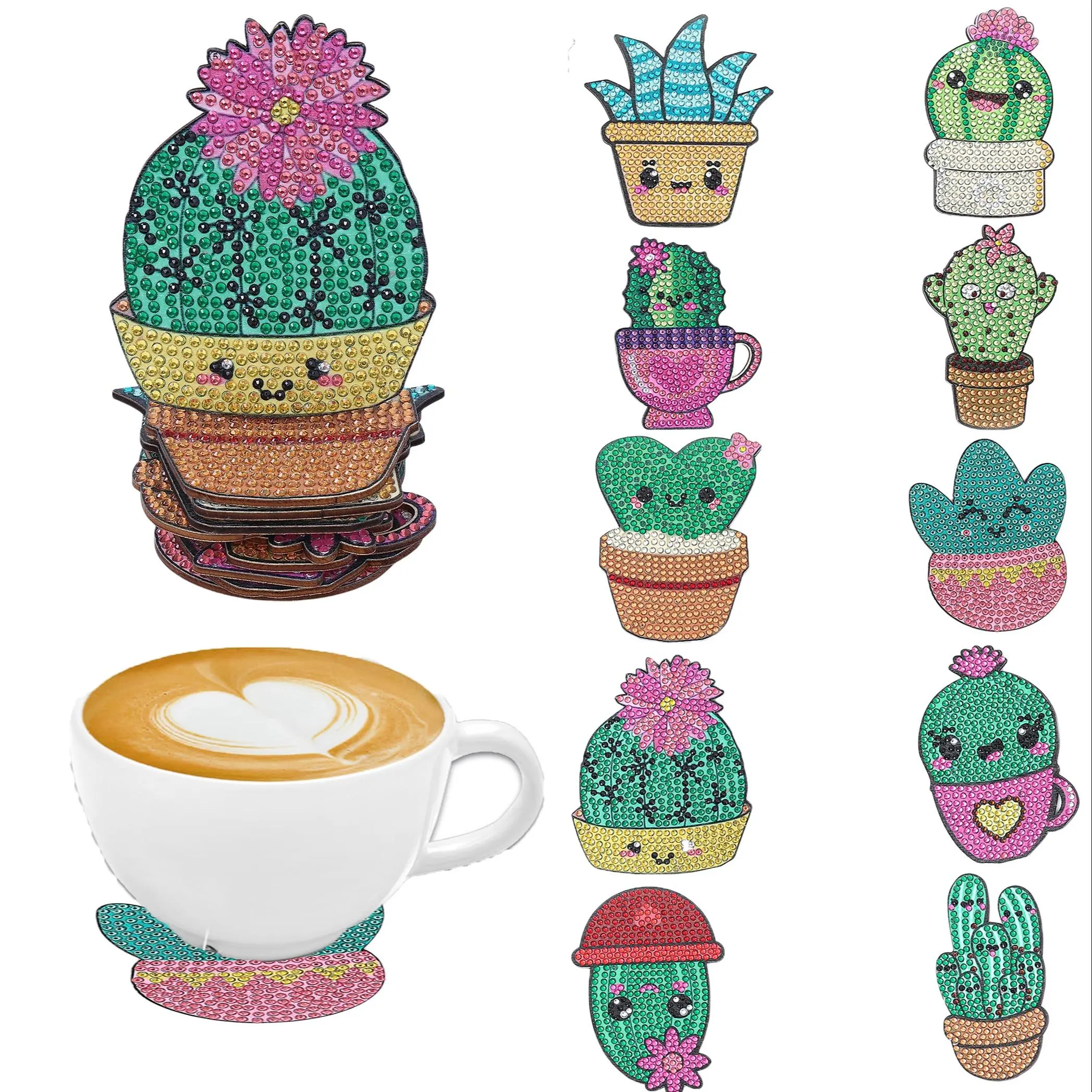 Cute Cactus Design Wooden Coasters, 10pcs/set Colorful DIY Diamond Arts Painting Coasters without Coaster Holder, Decorative Table Mat for Coffee Cup, Office, Kitchen and Restaurant, Kitchen Decorative Placemat