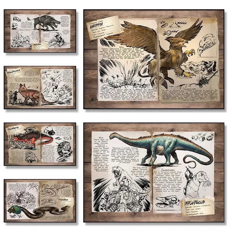 Abstract Retro Game Poster, ARK Survival Evolved Dinosaur Series Art, Vintage Gaming Wall Print, Unframed Home Decor