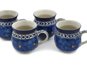 Polish Pottery Set of Four 12 oz Bubble Mugs Cobalt Poppies