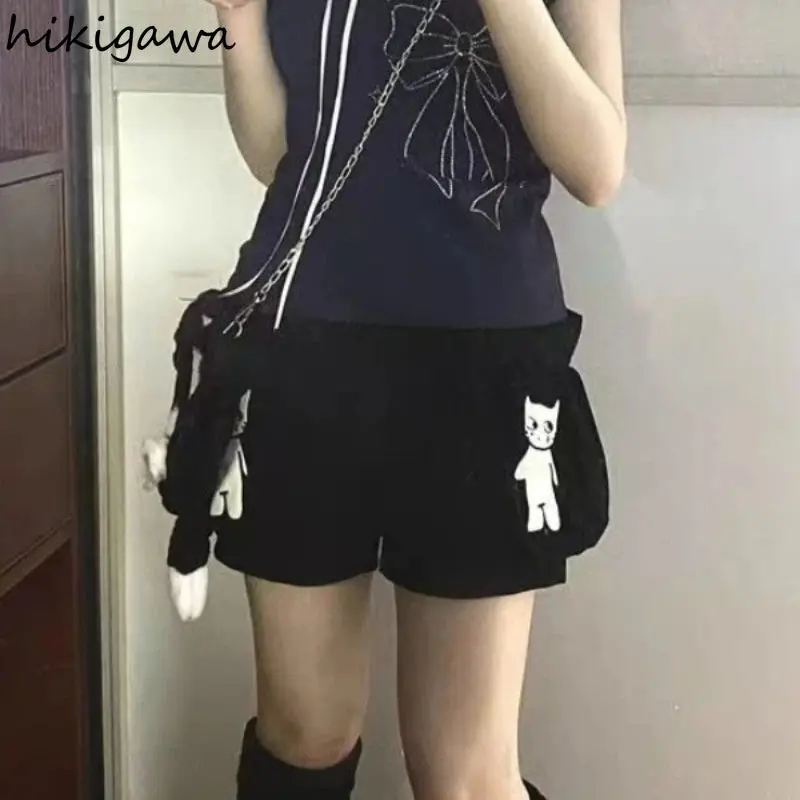 Japanese Cute Black Cartoon Cat Print Shorts