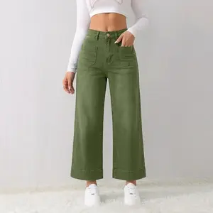 Army Green Mid-Rise Wide-Leg 9/10 Denim Jeans with Large Patch Pockets for Women Retro Workwear Style Comfortable Durable Everyday Wear Basic Pants - Womenswear, Aesthetic, Military