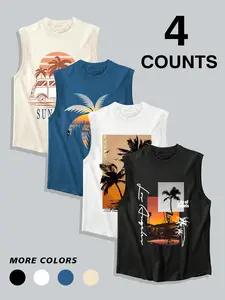 Men's 4 Pack California Beach Tank Tops - Vintage Palm Tree Sunset Graphic Sleeveless Shirts, Los Angeles Vacation Workout Gym Muscle Tees, Retro Surf Streetwear Casual Summer Outfits for Men